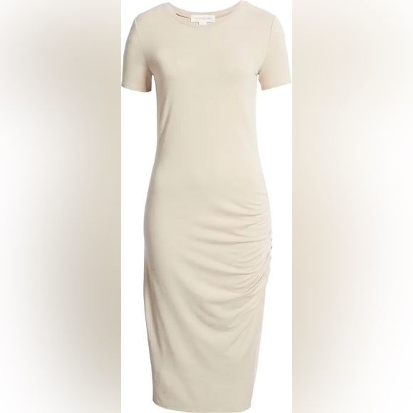 Treasure & Bond Dresses & Skirts - New Treasure & Bond Side Ruched BodyCon Midi Dress Beige Oatmeal Heather